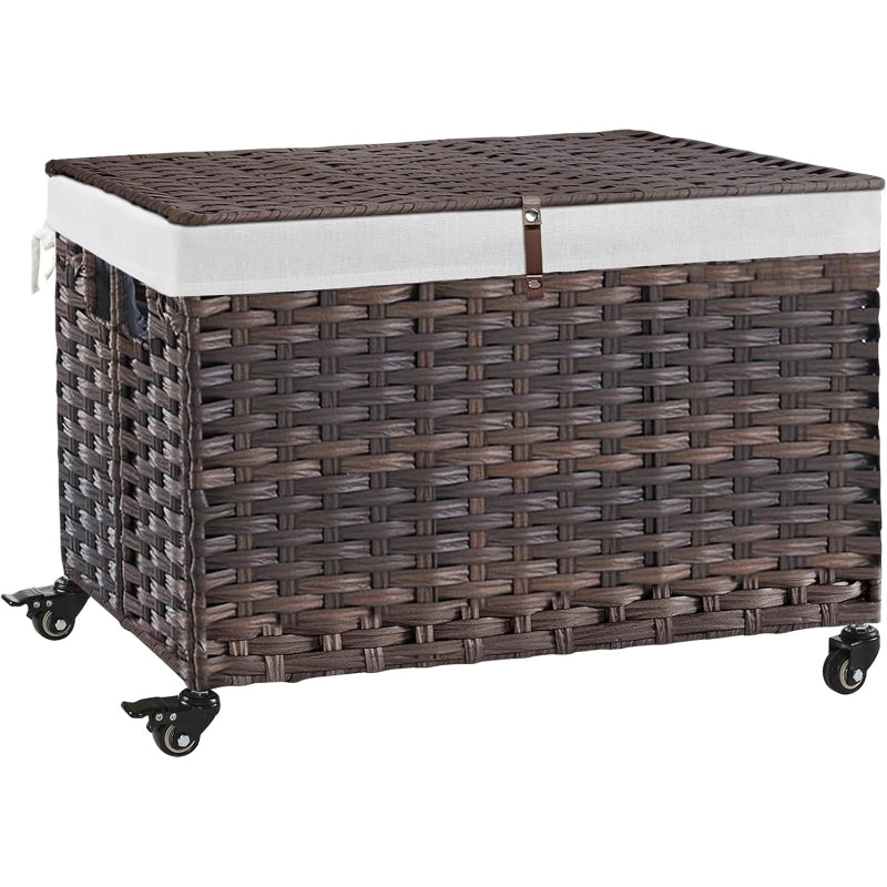 Brown Rattan Rolling Storage Basket with Lid & Handles