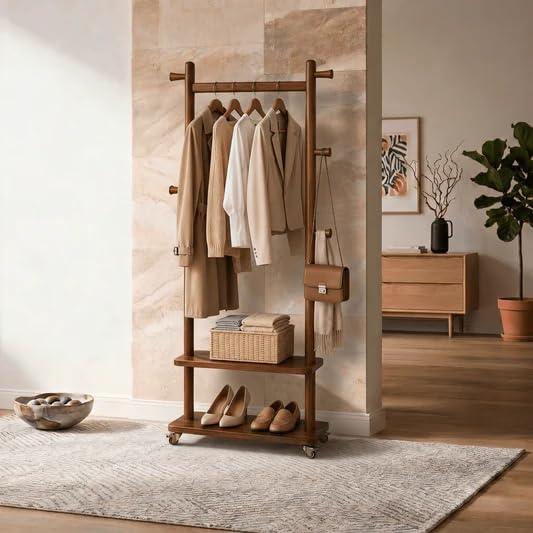 Rolling Solid‑Wood Freestanding Coat Rack