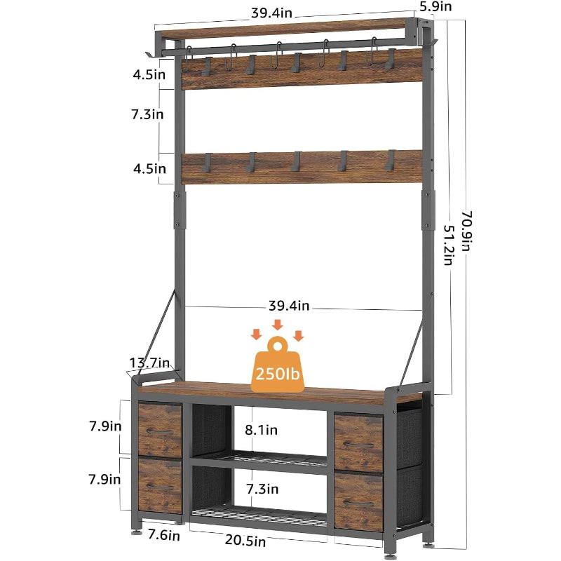 Brown Hall Tree Bench with Shoe Storage & Drawers