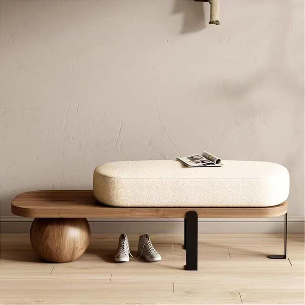 Brown Solid‑Wood Boucle Entryway Shoe Bench