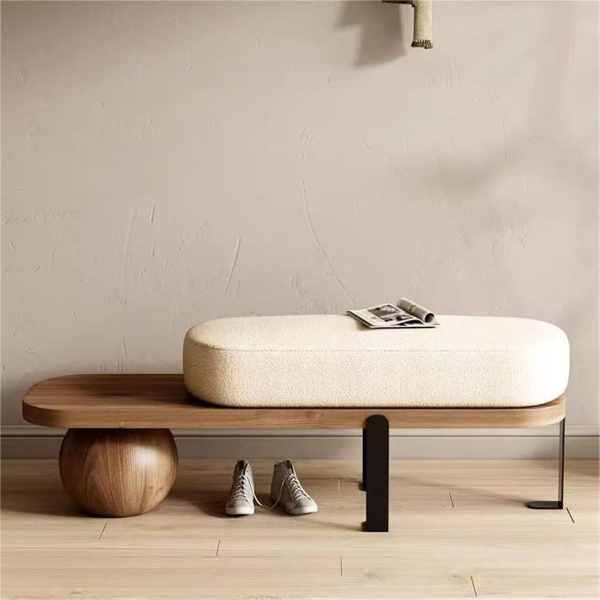 Brown Solid‑Wood Boucle Entryway Shoe Bench