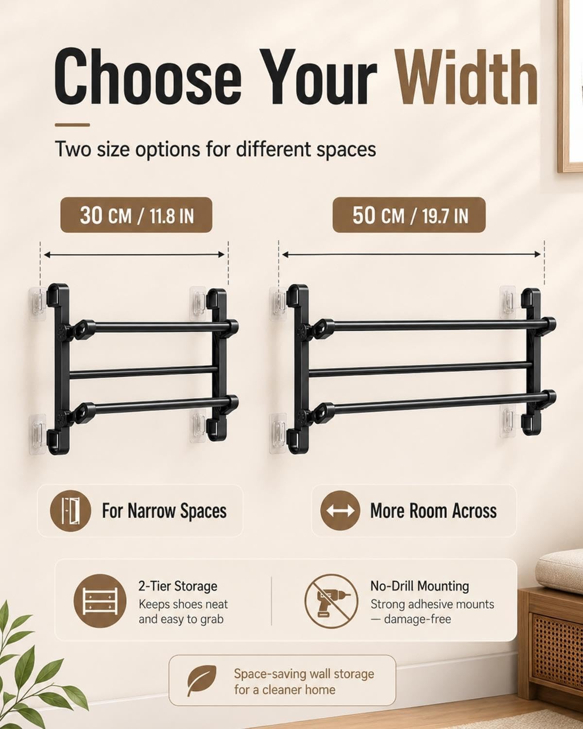 2‑Tier Foldable No‑Drill Wall‑Mounted Shoe Rack