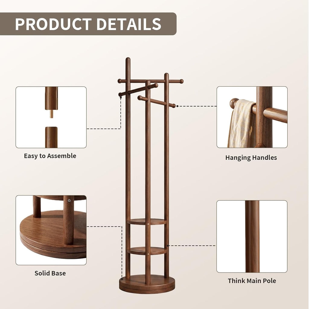 Solid‑Wood Freestanding Coat Rack with Hooks & Shelves