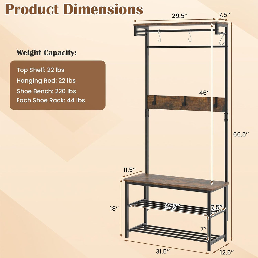 Industrial Hall Tree with Bench & Shoe Storage