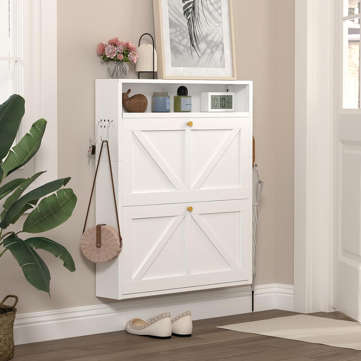 White Ultra‑Slim Wall‑Mounted Metal Shoe Rack