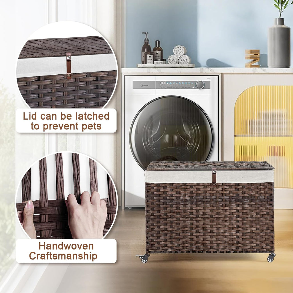 Brown Rattan Rolling Storage Basket with Lid & Handles