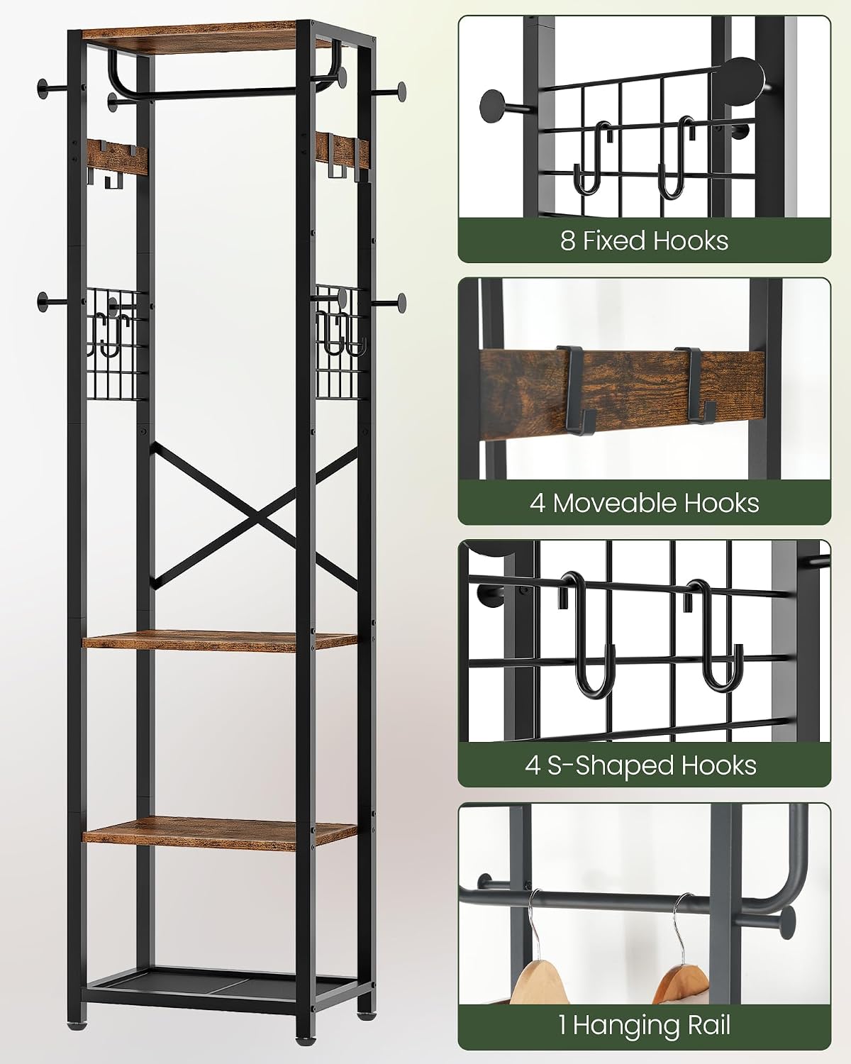 Rustic‑Brown & Black Industrial Hall Tree