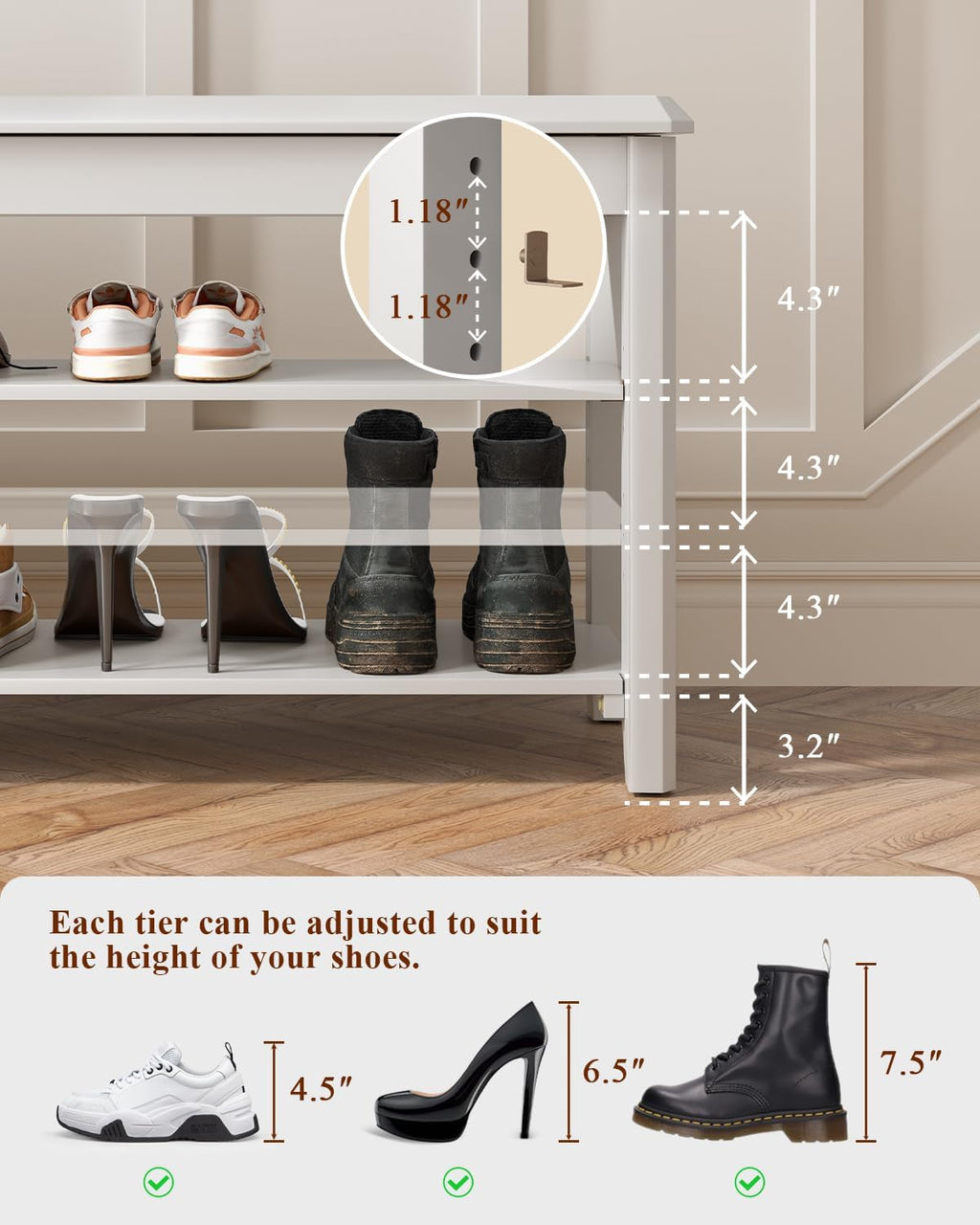 3‑Tier Rubberwood Entryway Shoe Bench