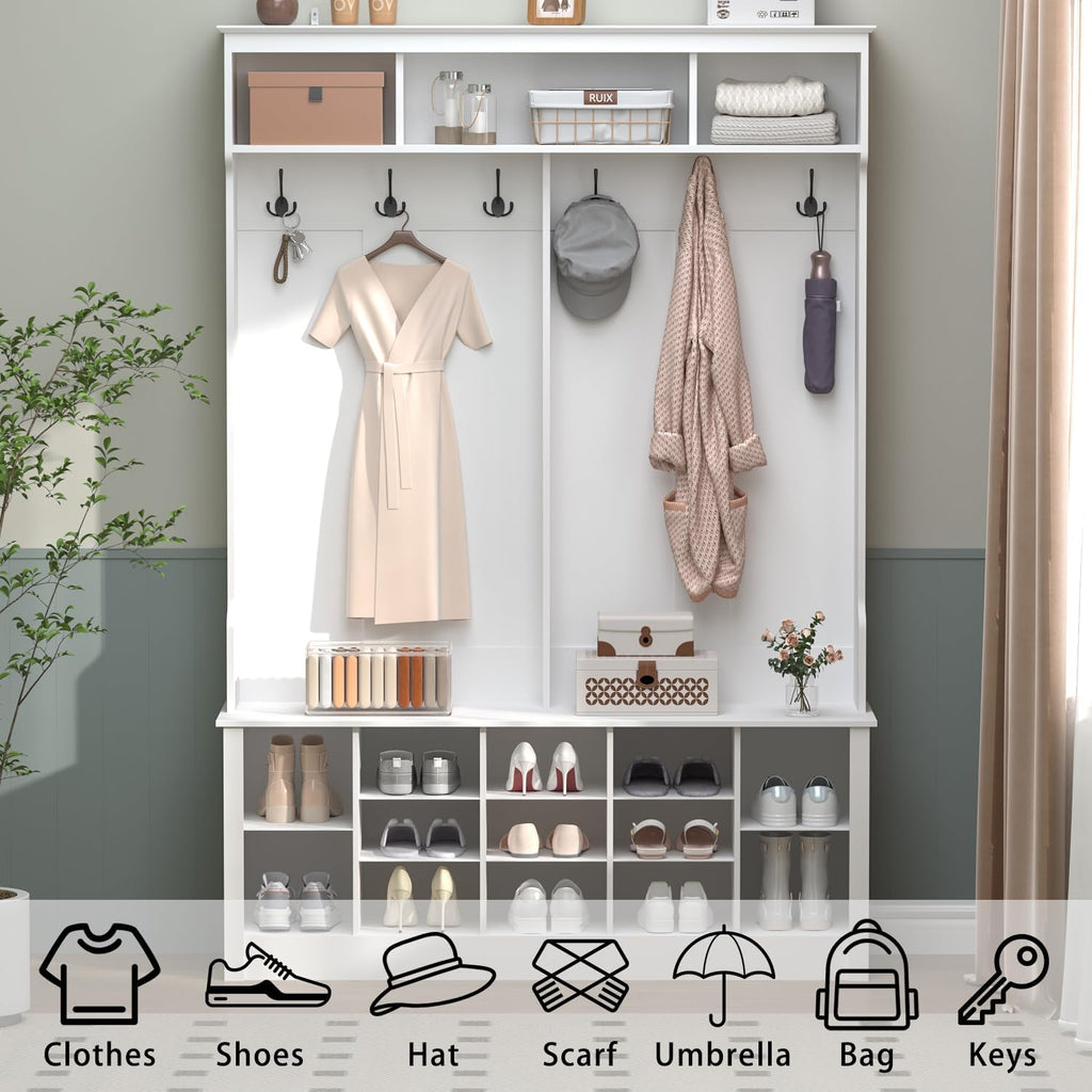 White Farmhouse Hall Tree Bench with Shoe Cubbies