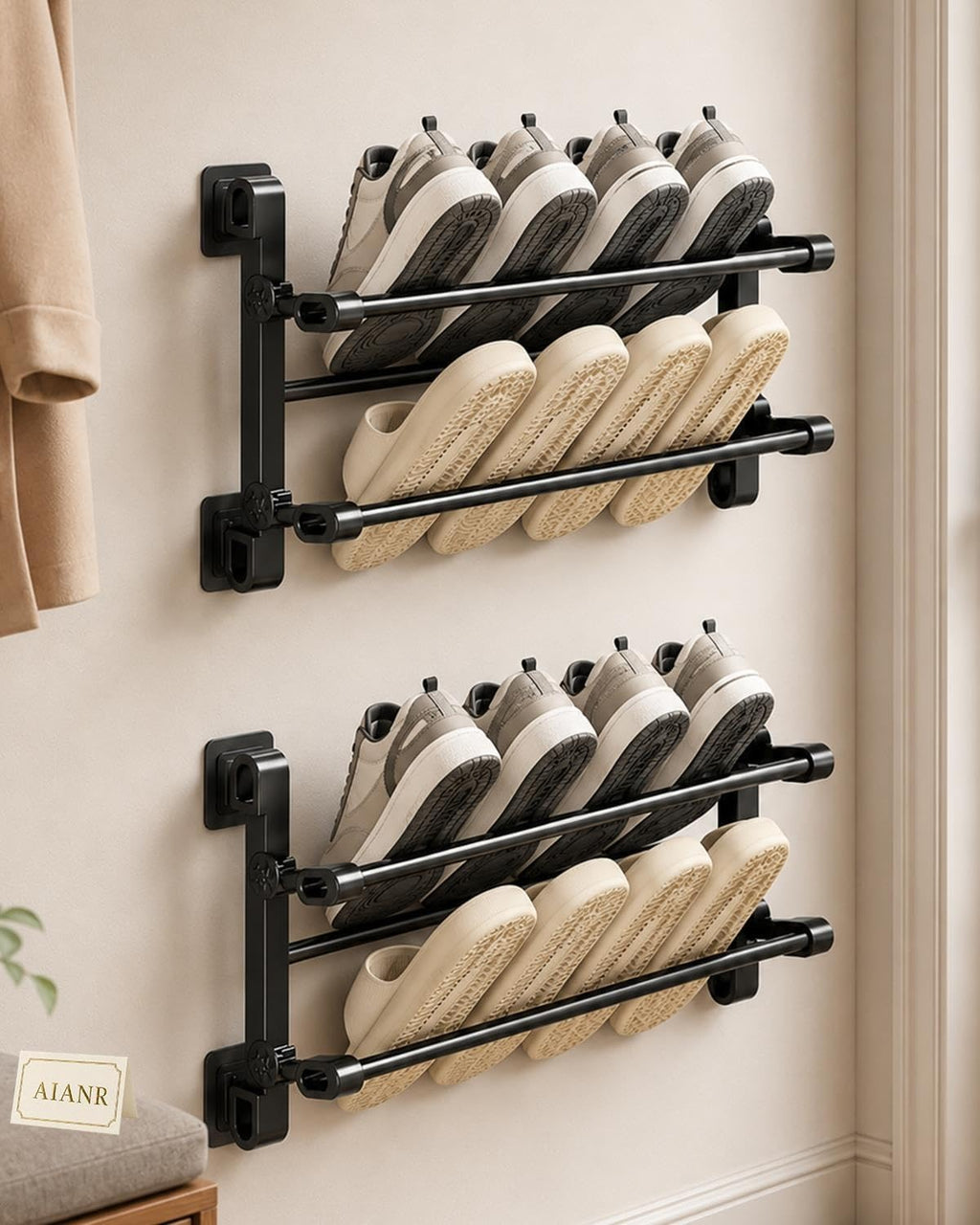 2‑Tier Foldable No‑Drill Wall‑Mounted Shoe Rack