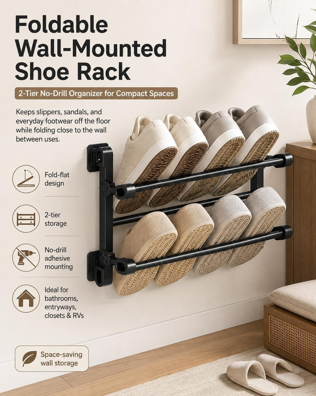 2‑Tier Foldable No‑Drill Wall‑Mounted Shoe Rack