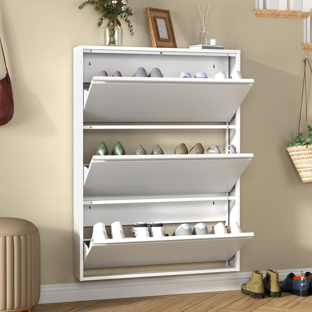 White Slim Wall‑Mounted Metal Shoe Cabinet
