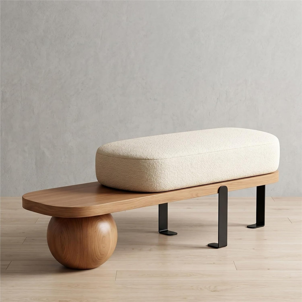 Brown Solid‑Wood Boucle Entryway Shoe Bench