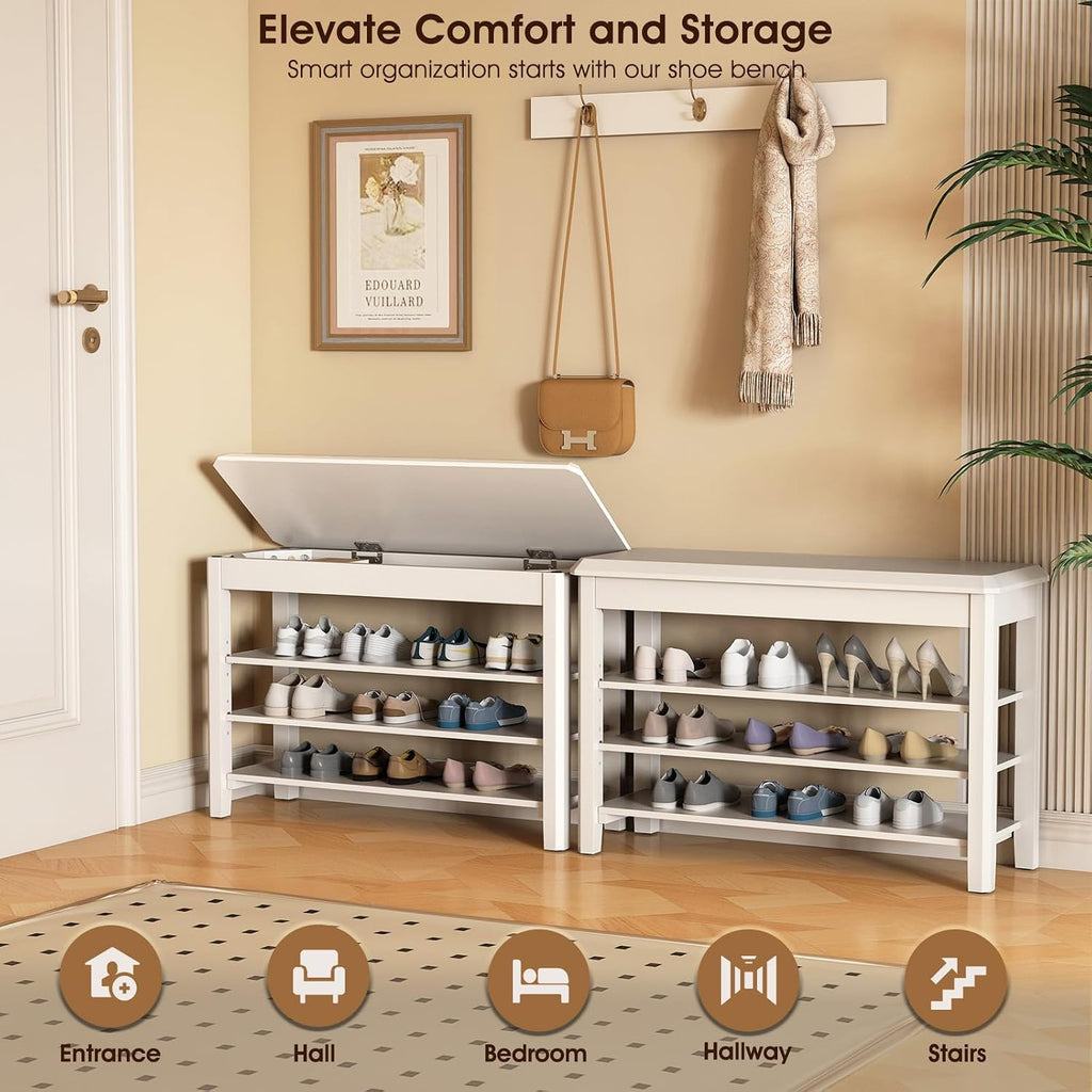 3‑Tier Rubberwood Entryway Shoe Bench