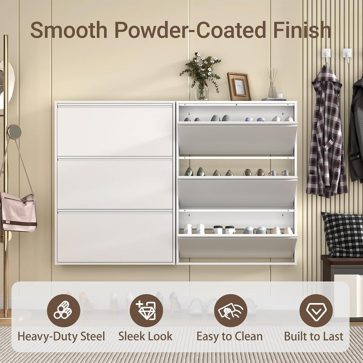 White Slim Wall‑Mounted Metal Shoe Cabinet