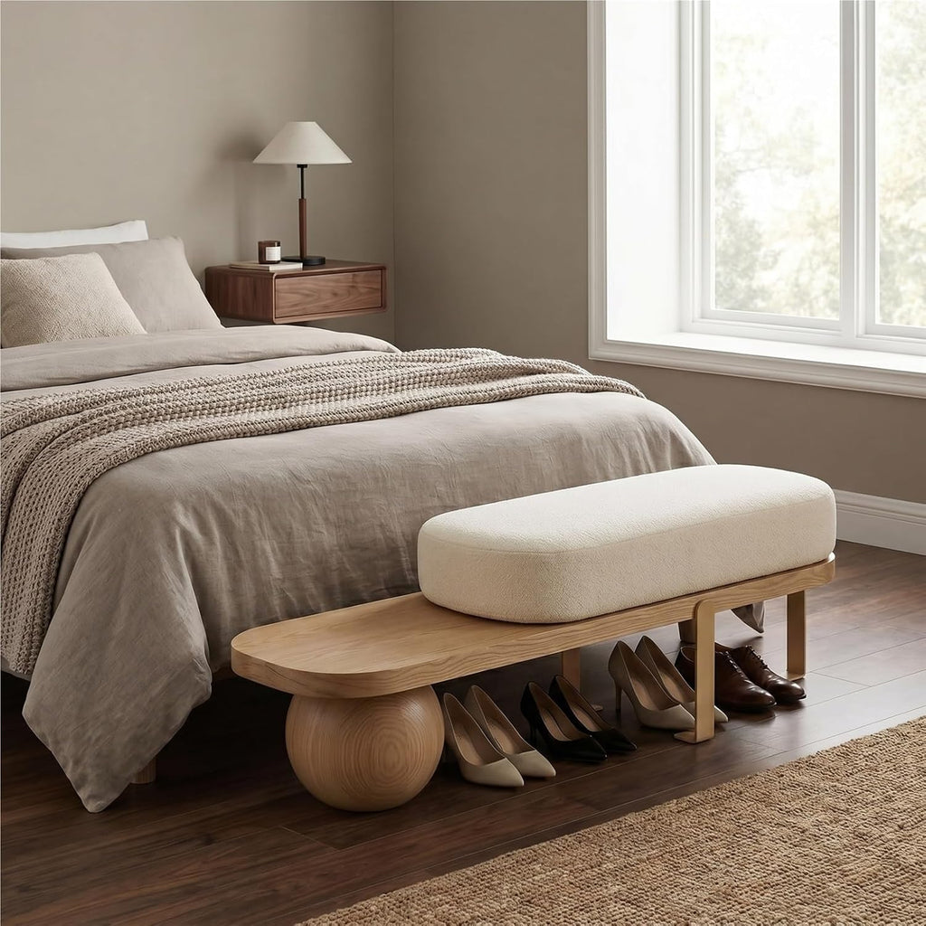 Brown Solid‑Wood Boucle Entryway Shoe Bench