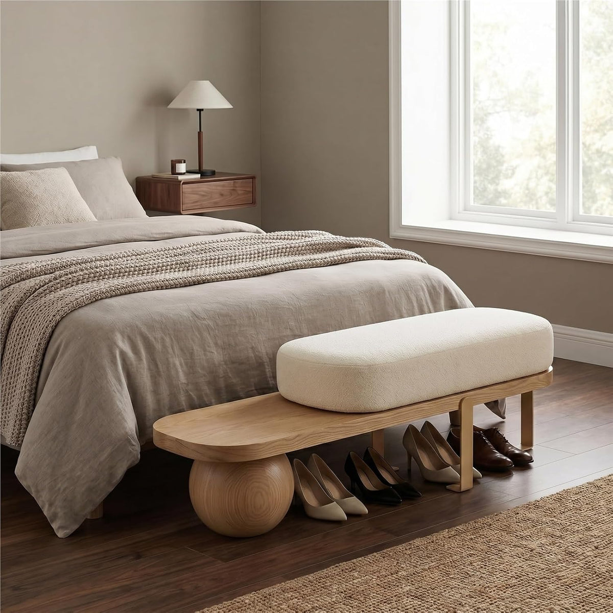 Brown Solid‑Wood Boucle Entryway Shoe Bench