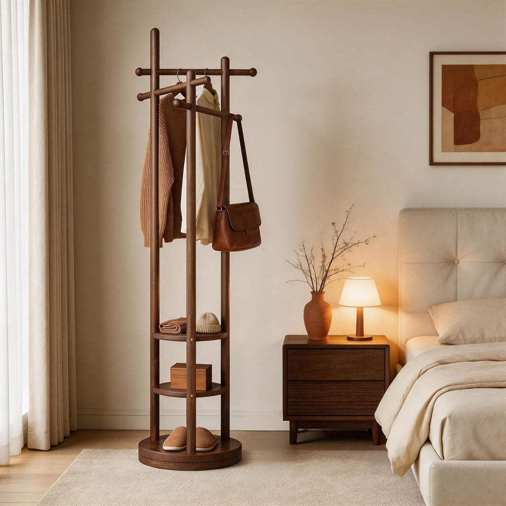 Solid‑Wood Freestanding Coat Rack with Hooks & Shelves