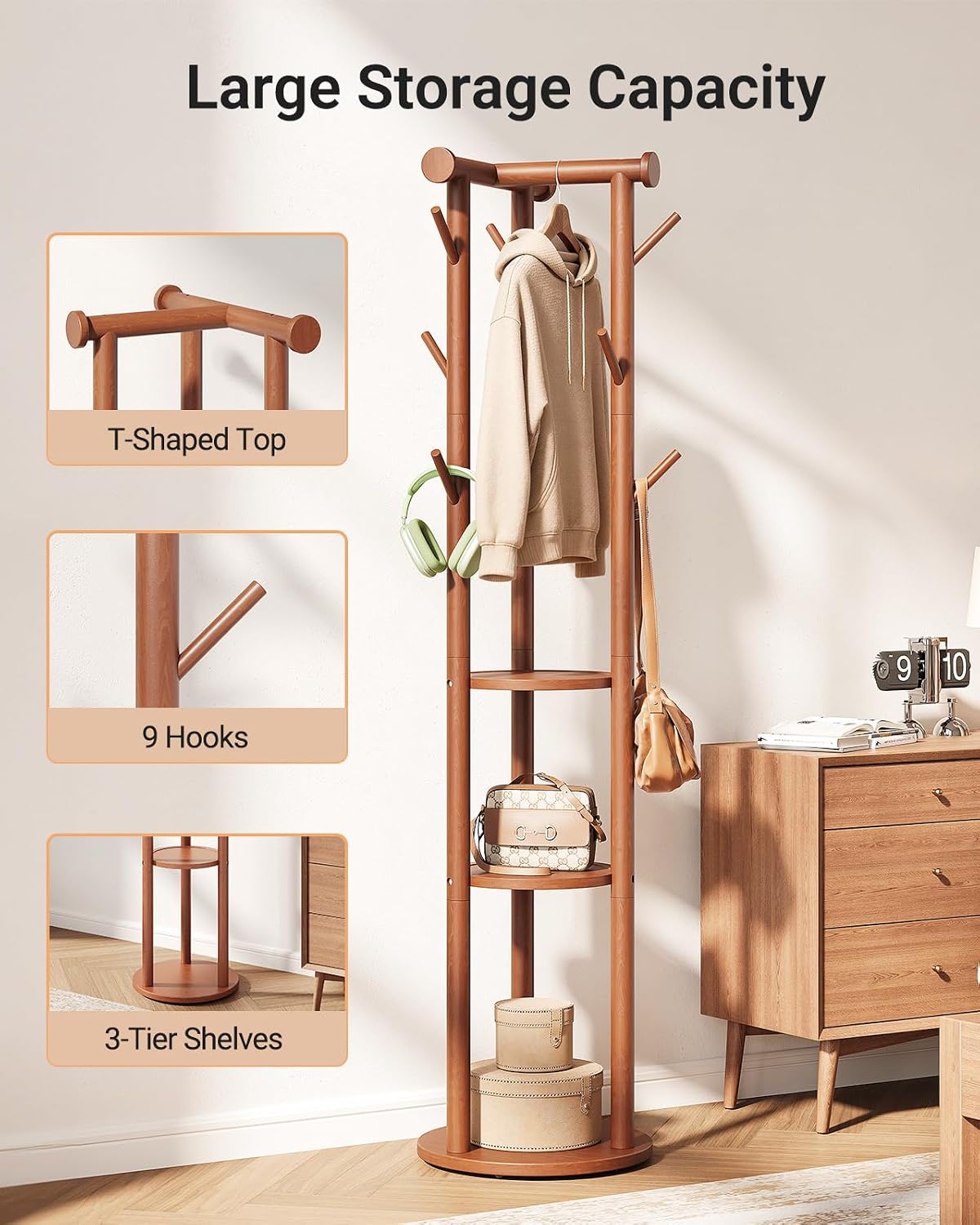 Rolling Solid‑Wood Coat Rack with Hooks & Shelves
