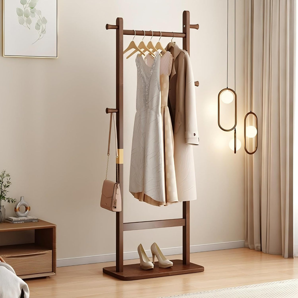 Walnut‑Brown Solid Wood Freestanding Coat Rack