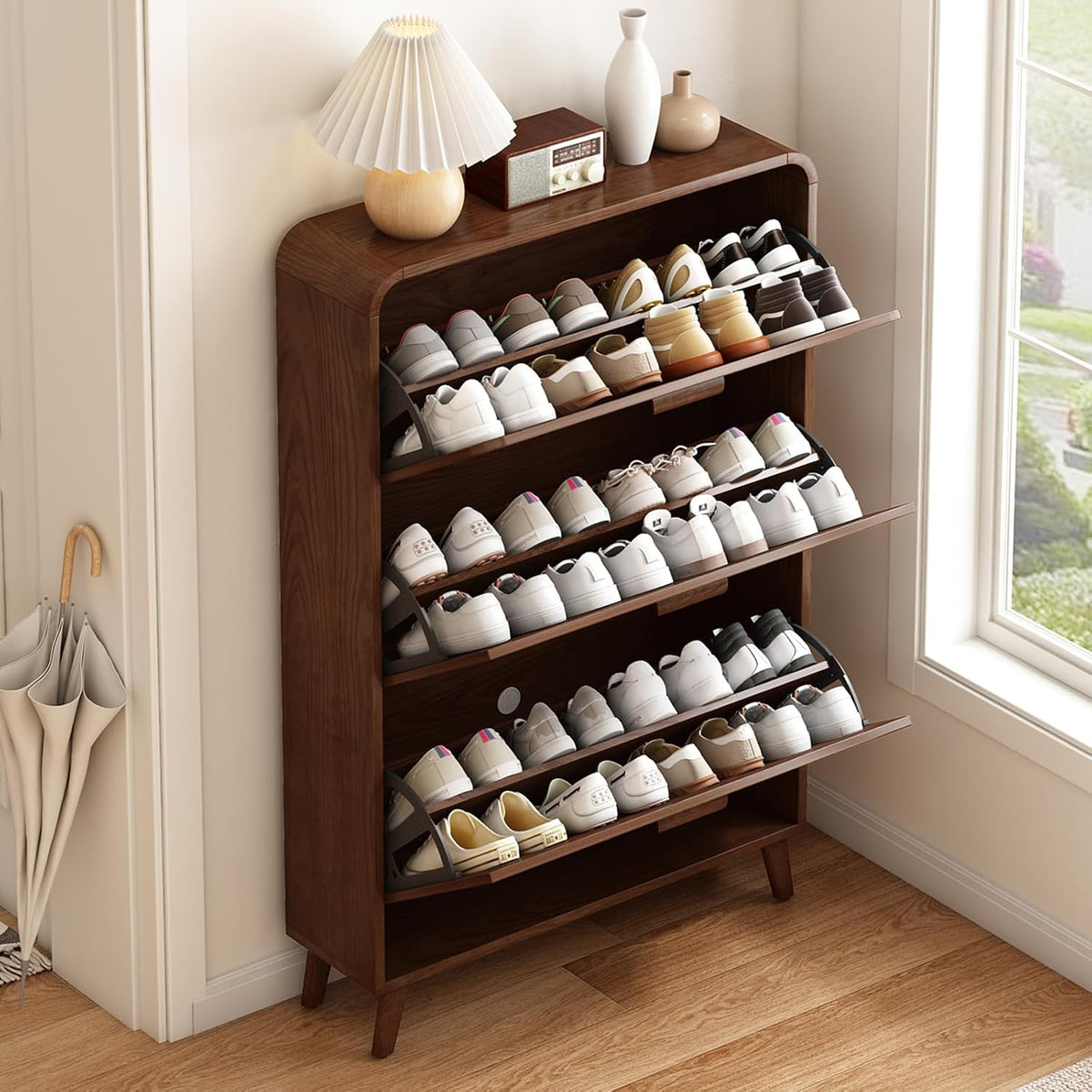 Wall‑Mounted Wood Shoe Cabinet with Flip Drawers