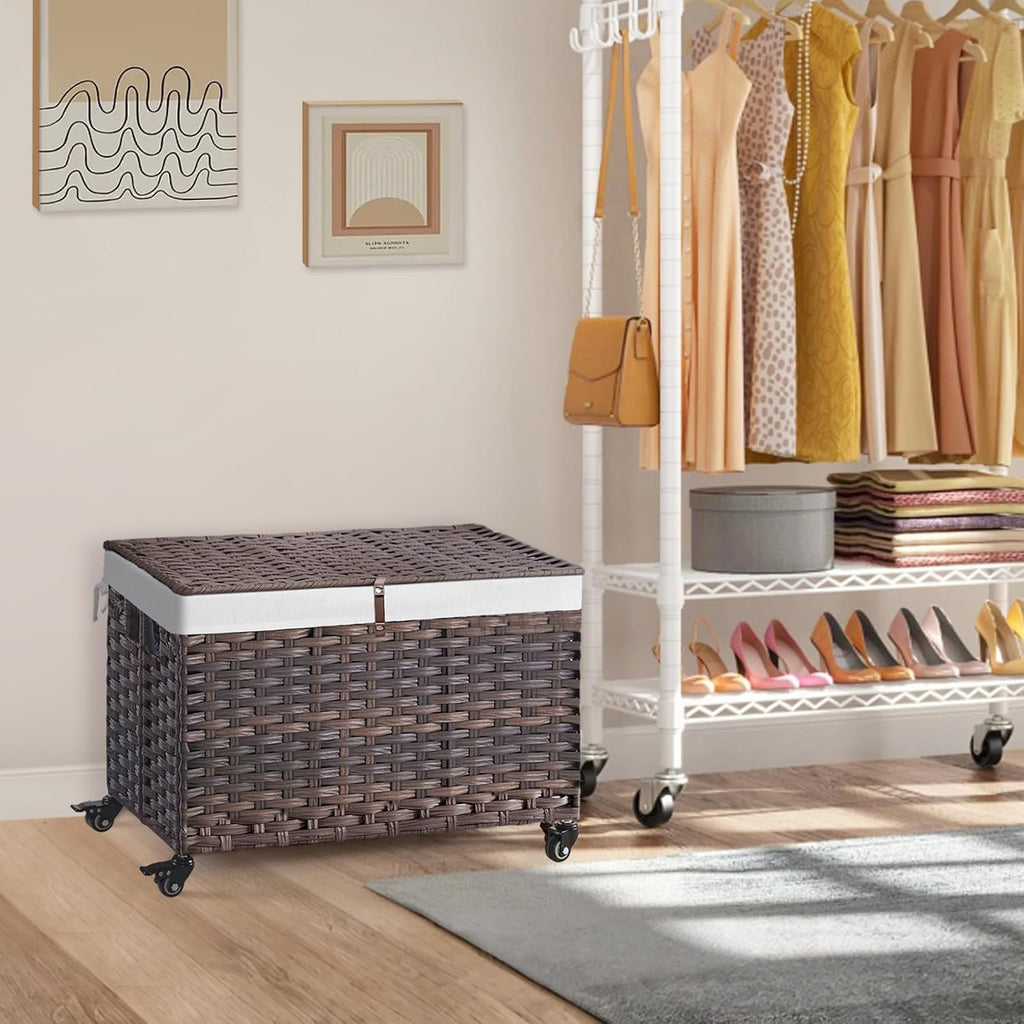 Brown Rattan Rolling Storage Basket with Lid & Handles