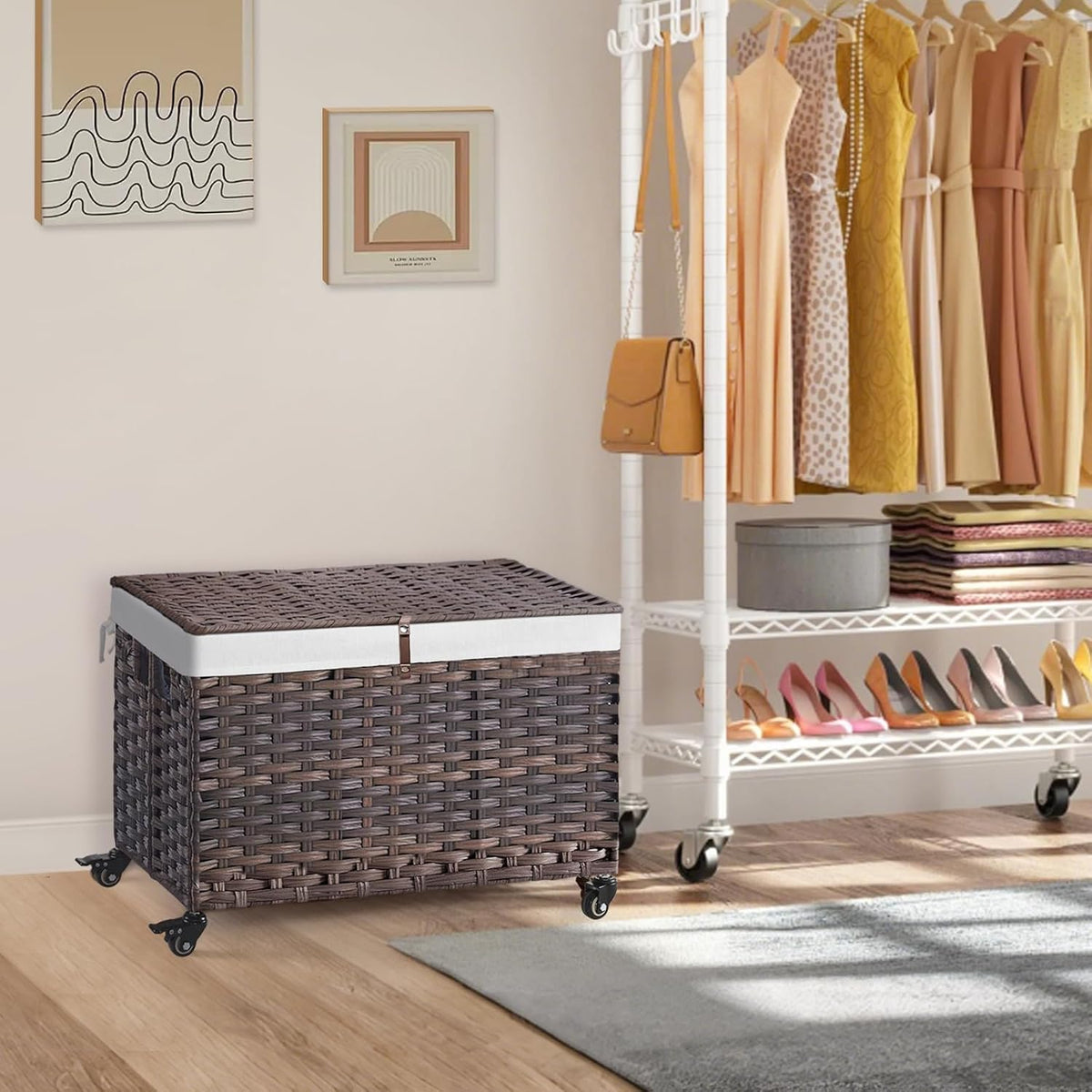 Brown Rattan Rolling Storage Basket with Lid & Handles