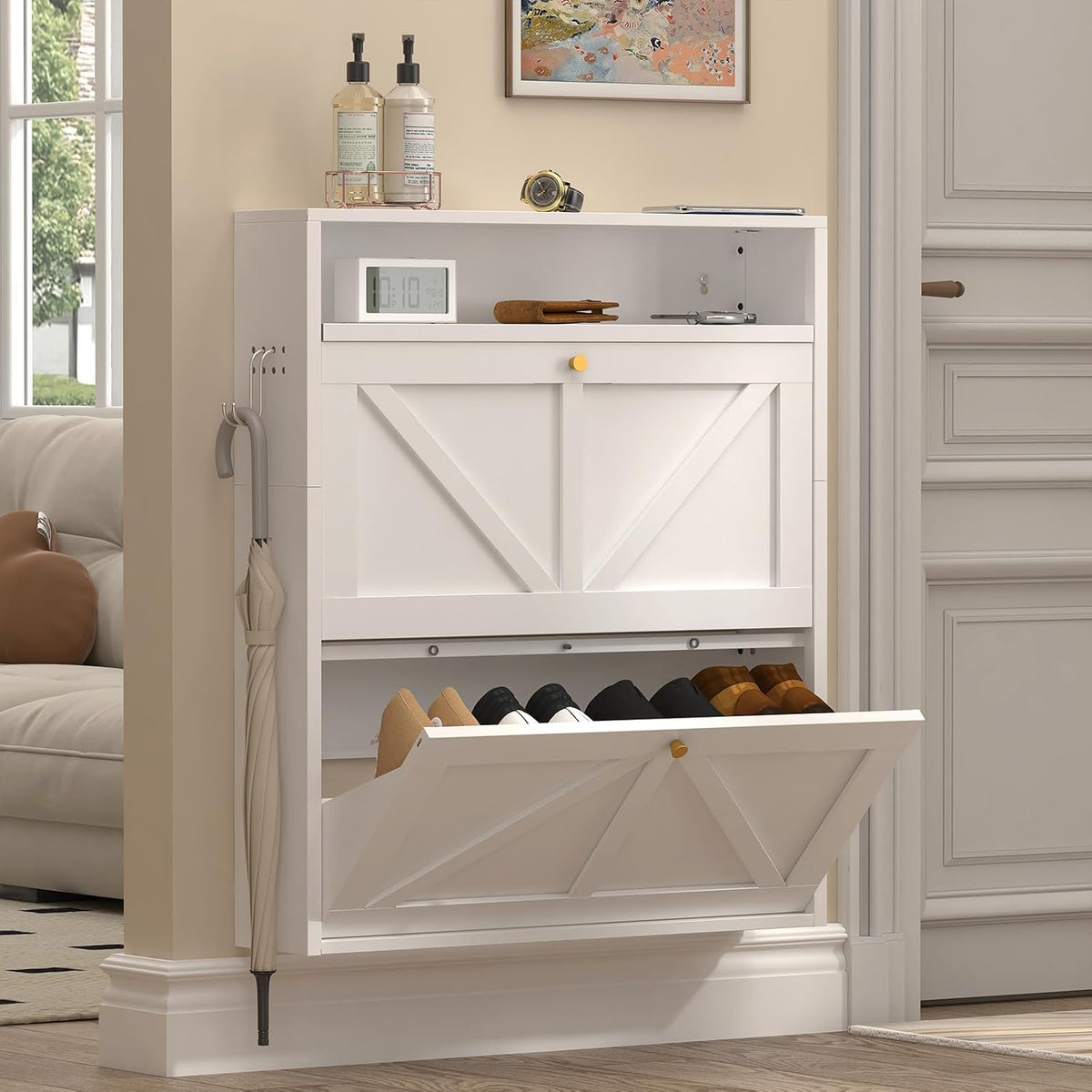 White Ultra‑Slim Wall‑Mounted Metal Shoe Rack