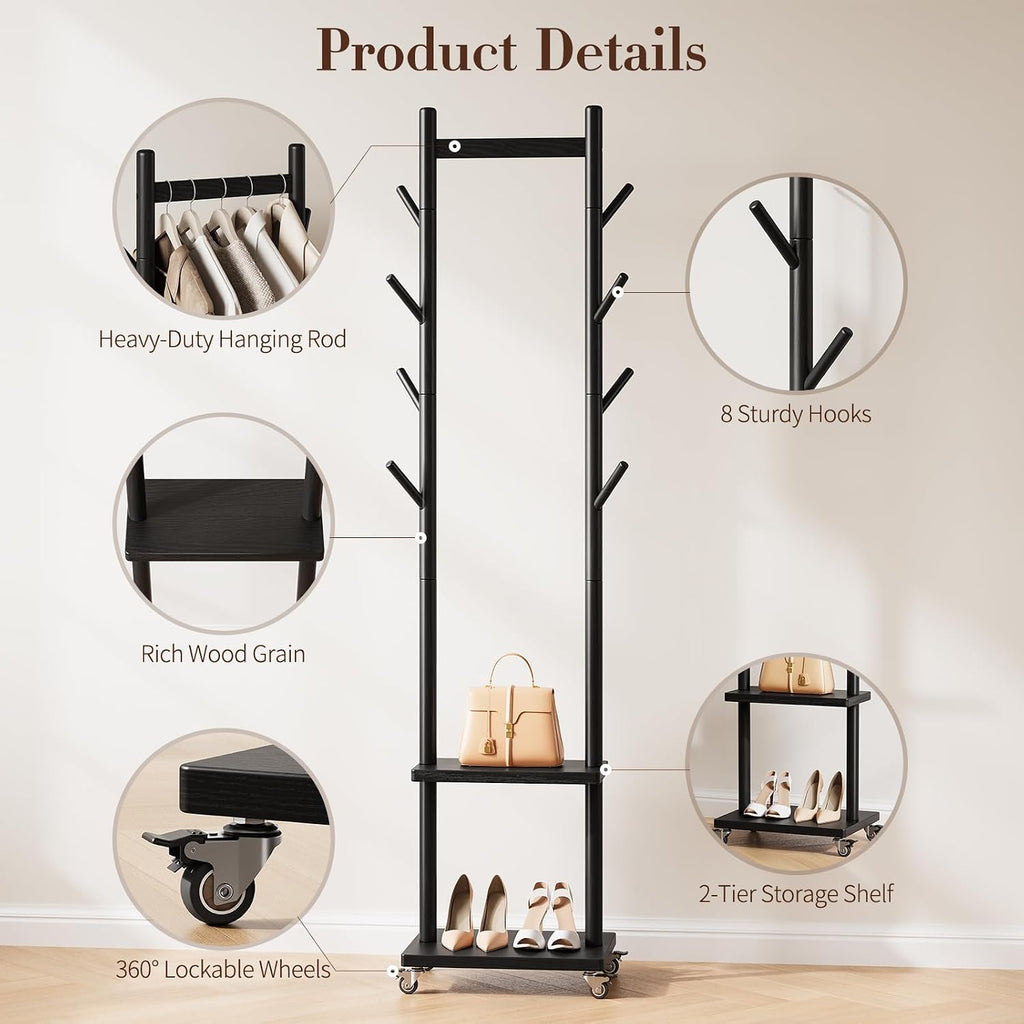 Rolling Solid‑Wood Hall Tree Coat Rack