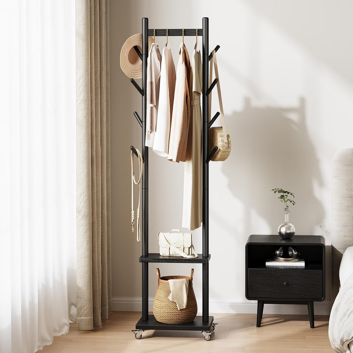 Rolling Solid‑Wood Hall Tree Coat Rack