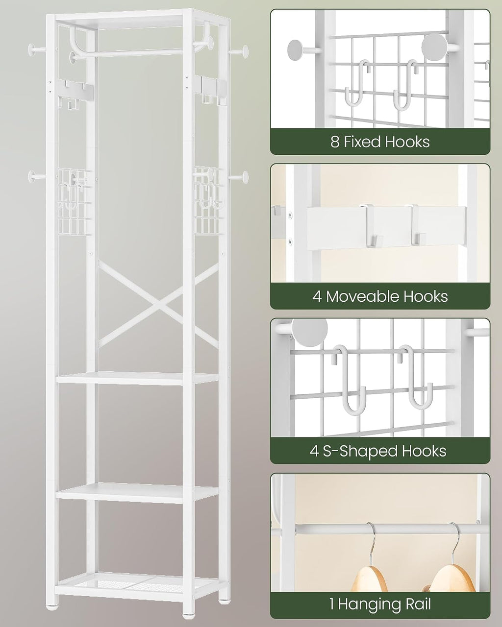White Industrial Hall Tree with Hooks & Shelves