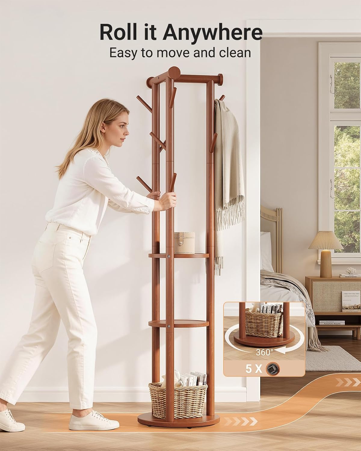 Rolling Solid‑Wood Coat Rack with Hooks & Shelves
