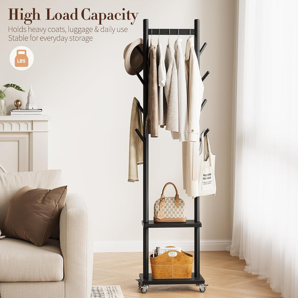 Rolling Solid‑Wood Hall Tree Coat Rack