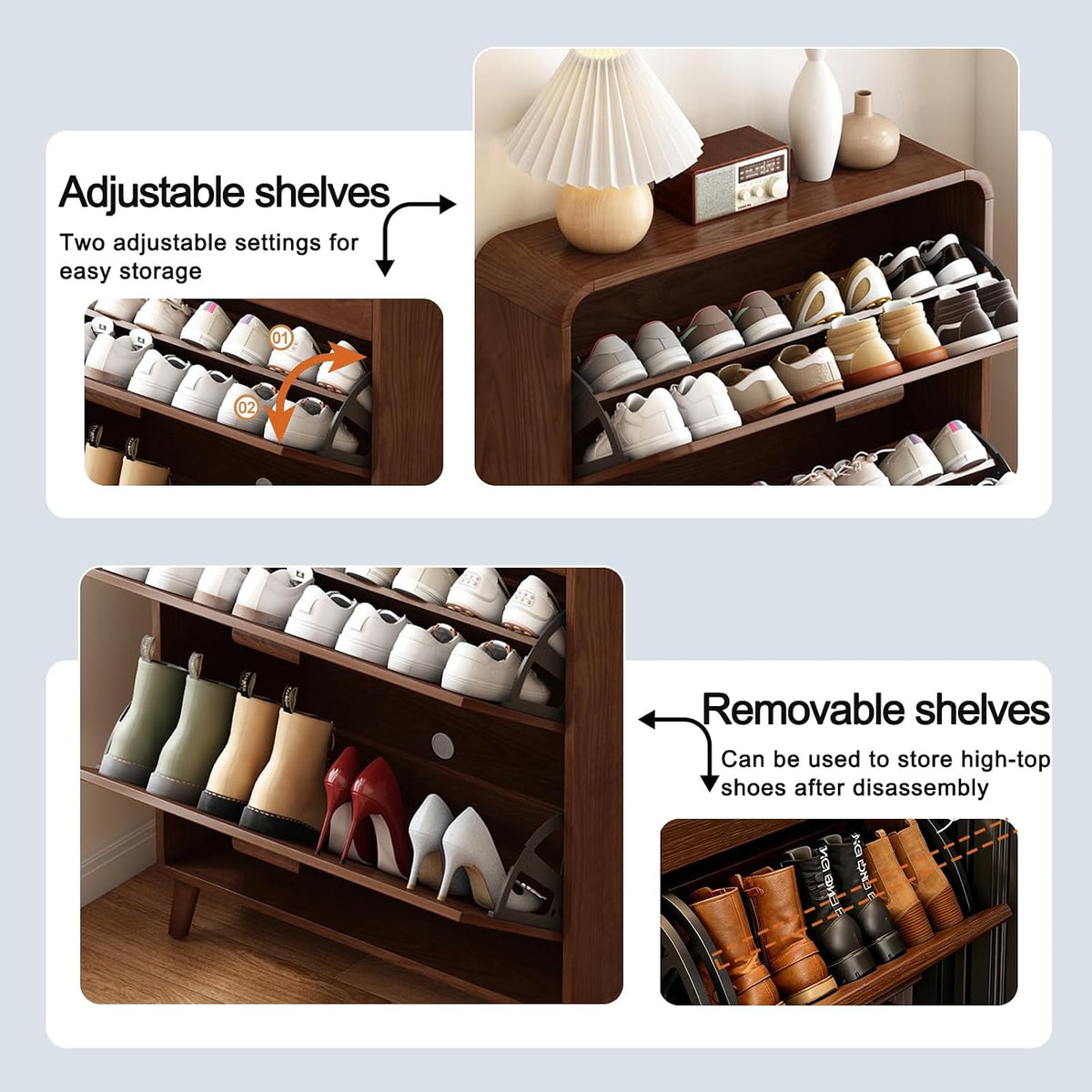 Wall‑Mounted Wood Shoe Cabinet with Flip Drawers