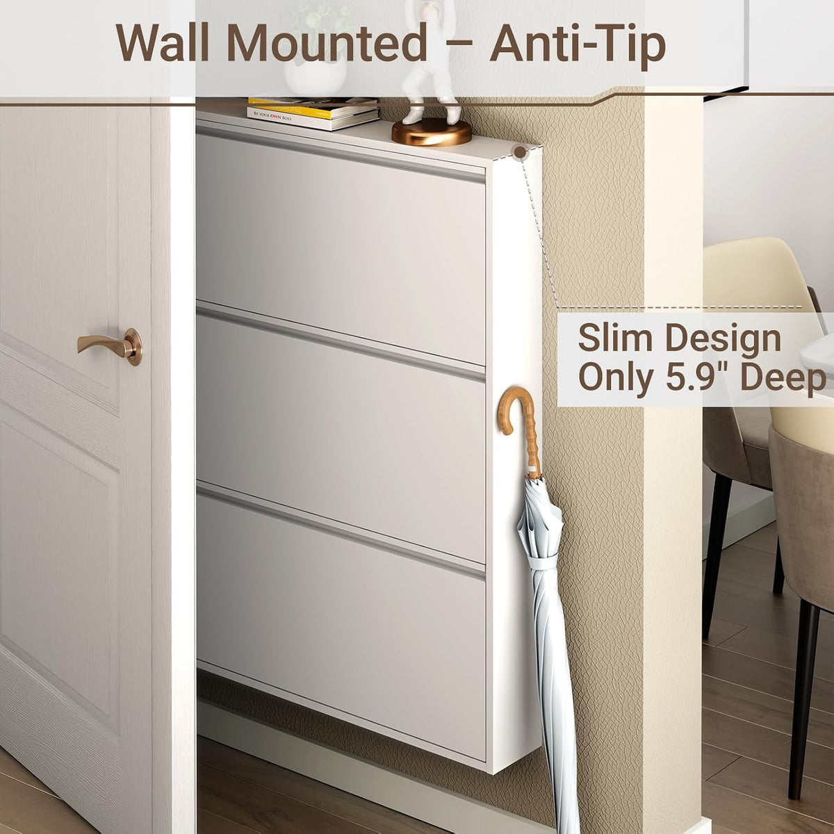 White Slim Wall‑Mounted Metal Shoe Cabinet