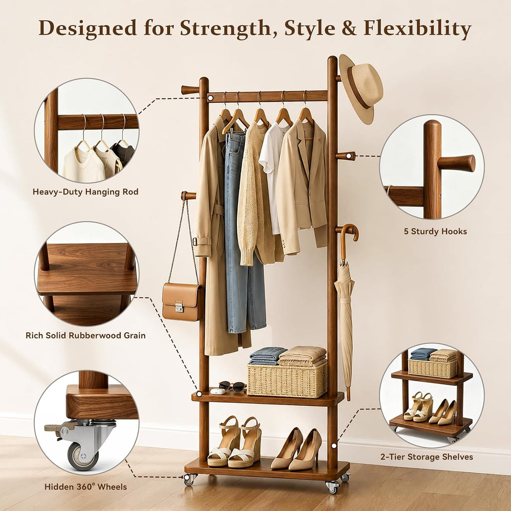 Rolling Solid‑Wood Freestanding Coat Rack