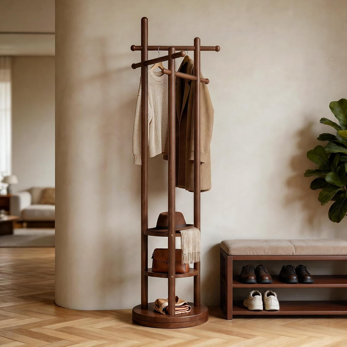 Solid‑Wood Freestanding Coat Rack with Hooks & Shelves