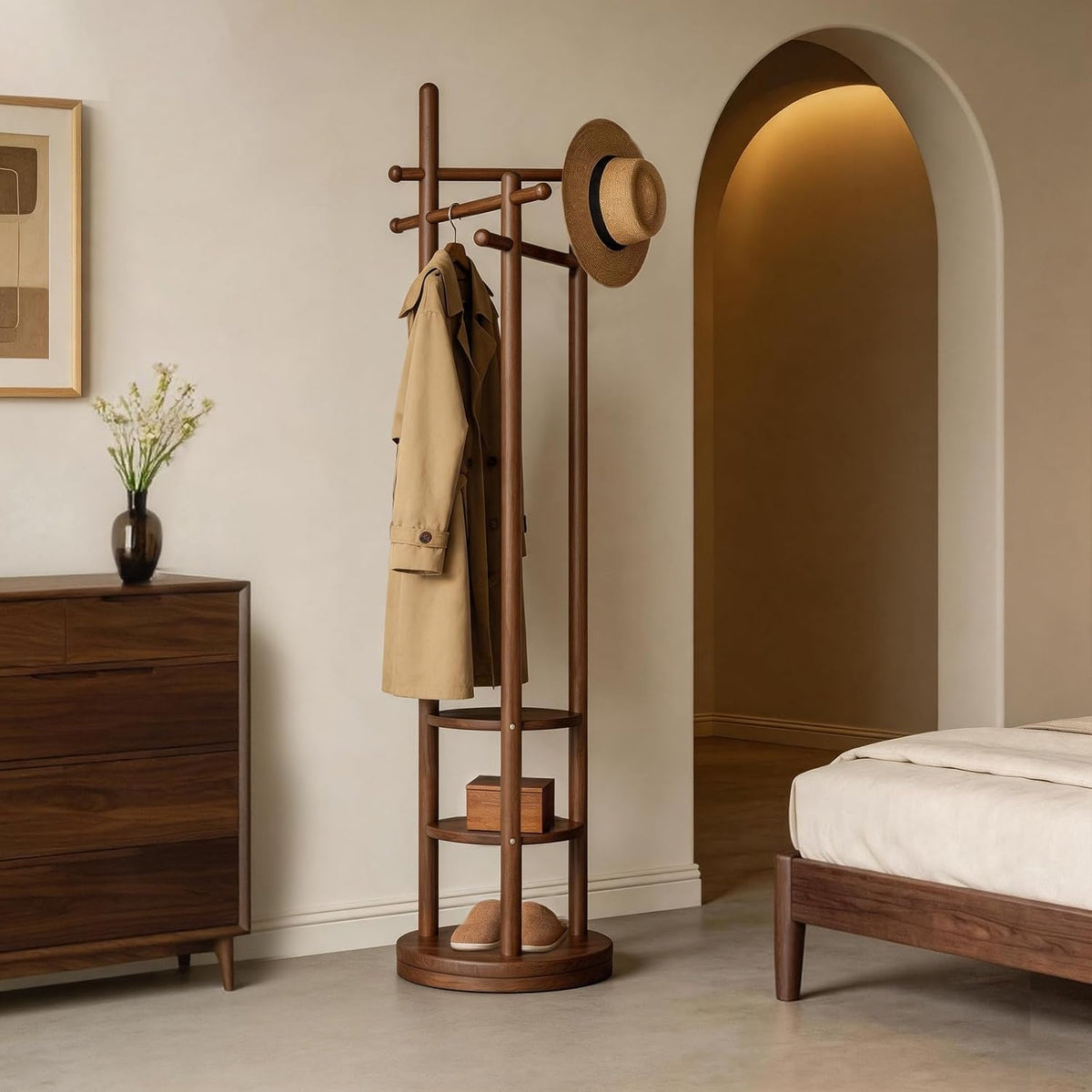 Solid‑Wood Freestanding Coat Rack with Hooks & Shelves