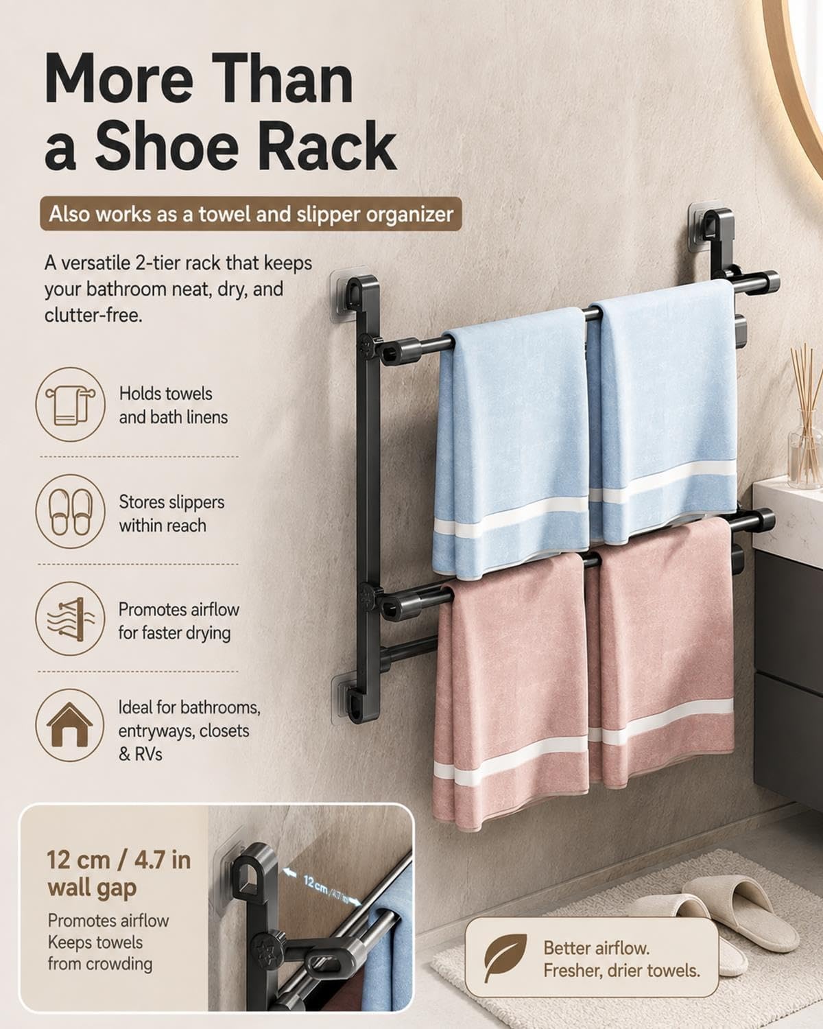 2‑Tier Foldable No‑Drill Wall‑Mounted Shoe Rack