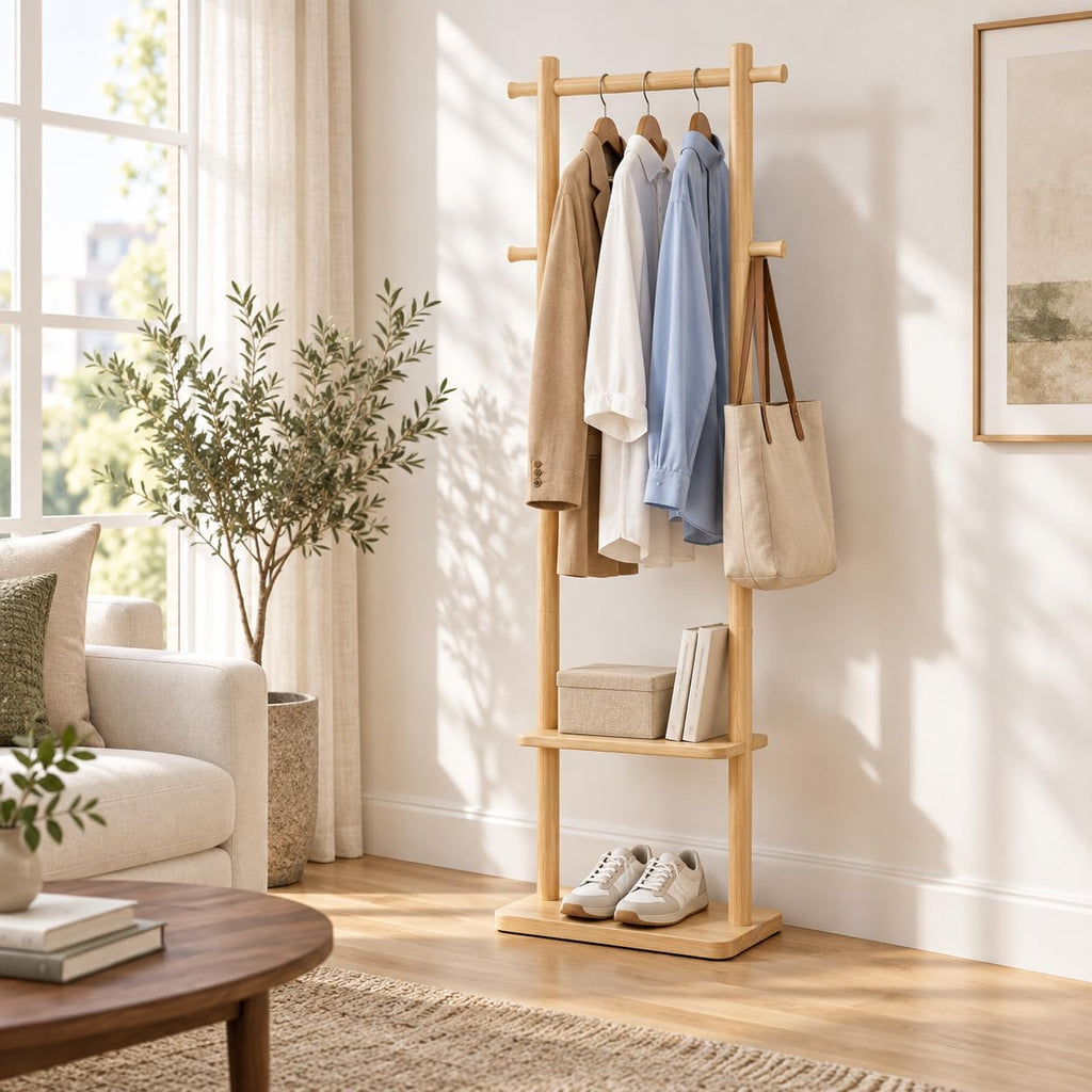 Natural Wooden Freestanding Hall Tree Coat Rack