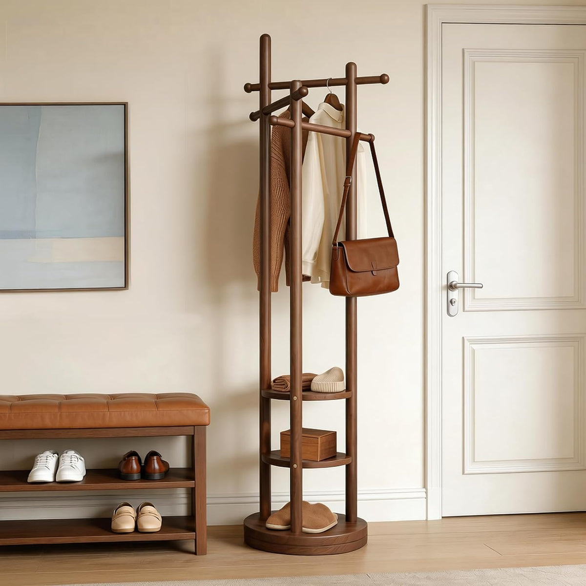 Solid‑Wood Freestanding Coat Rack with Hooks & Shelves