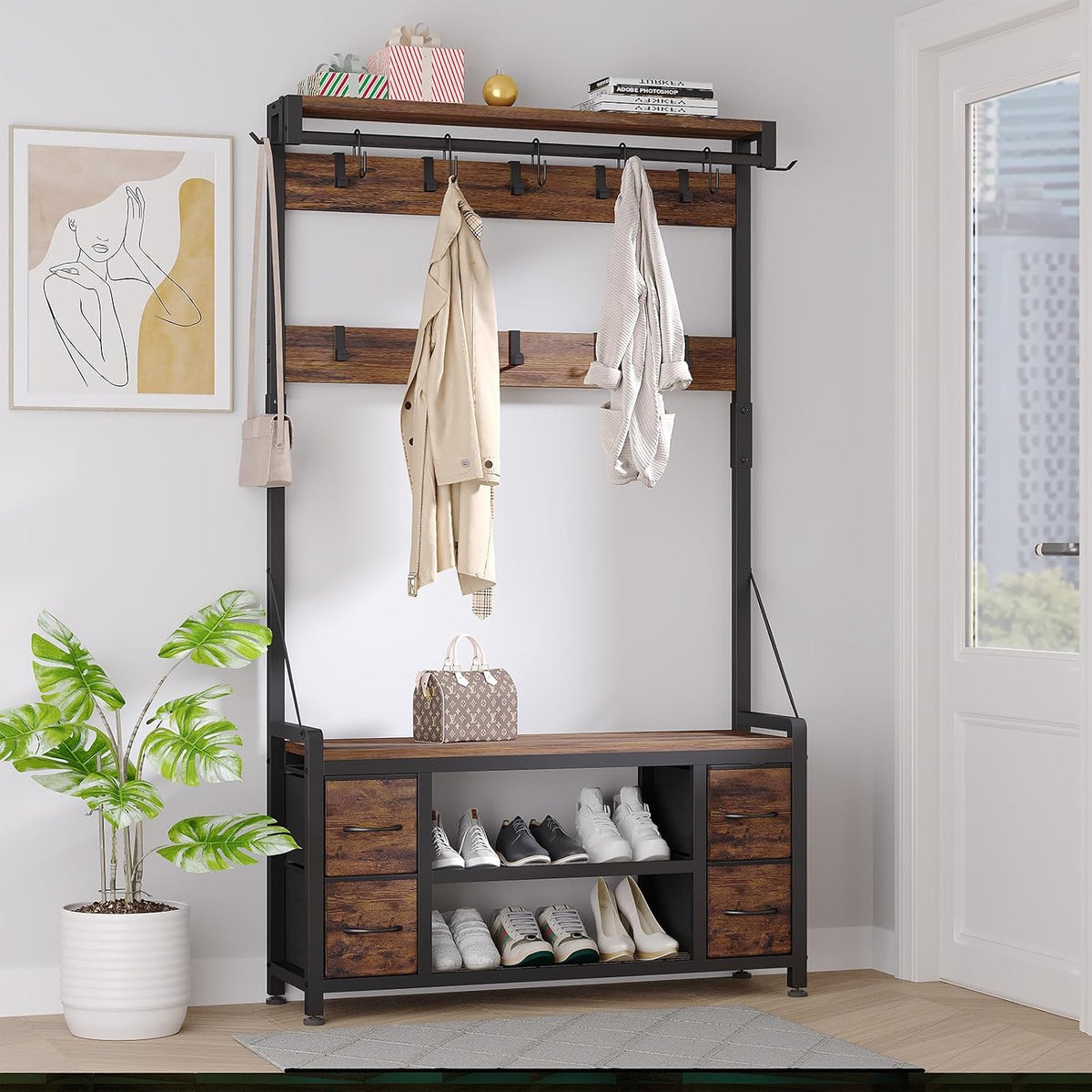 Brown Hall Tree Bench with Shoe Storage & Drawers