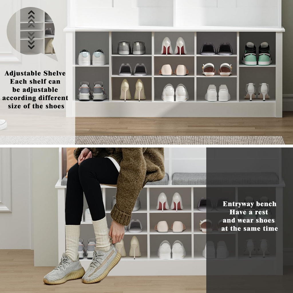 White Farmhouse Hall Tree Bench with Shoe Cubbies