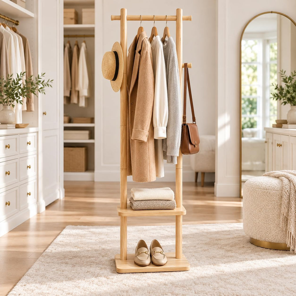Natural Wooden Freestanding Hall Tree Coat Rack