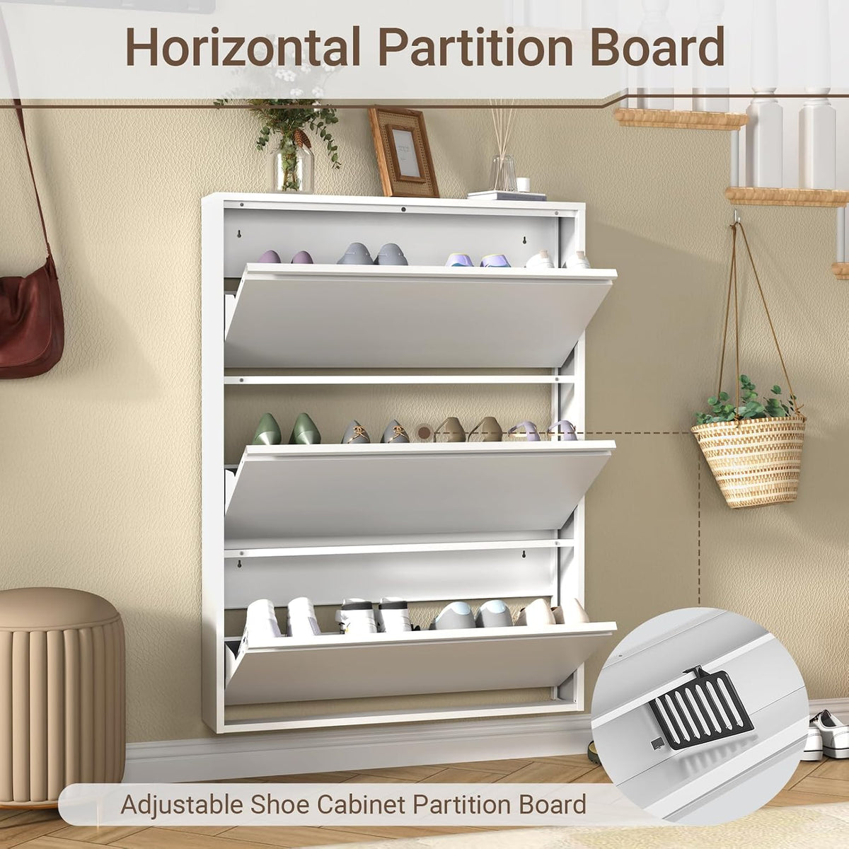 White Slim Wall‑Mounted Metal Shoe Cabinet