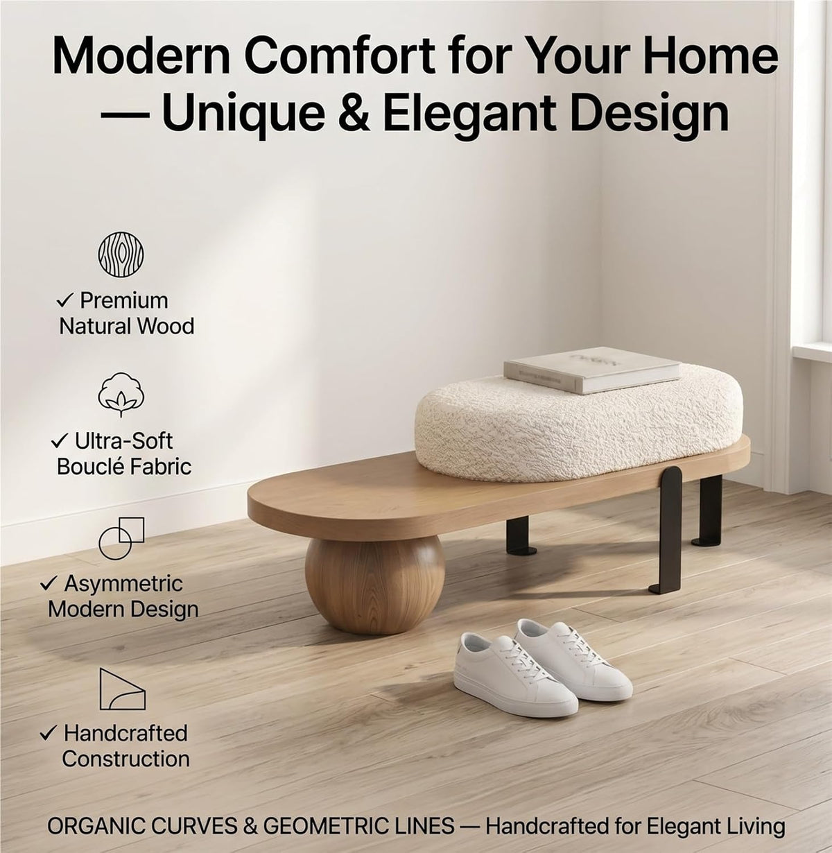 Brown Solid‑Wood Boucle Entryway Shoe Bench