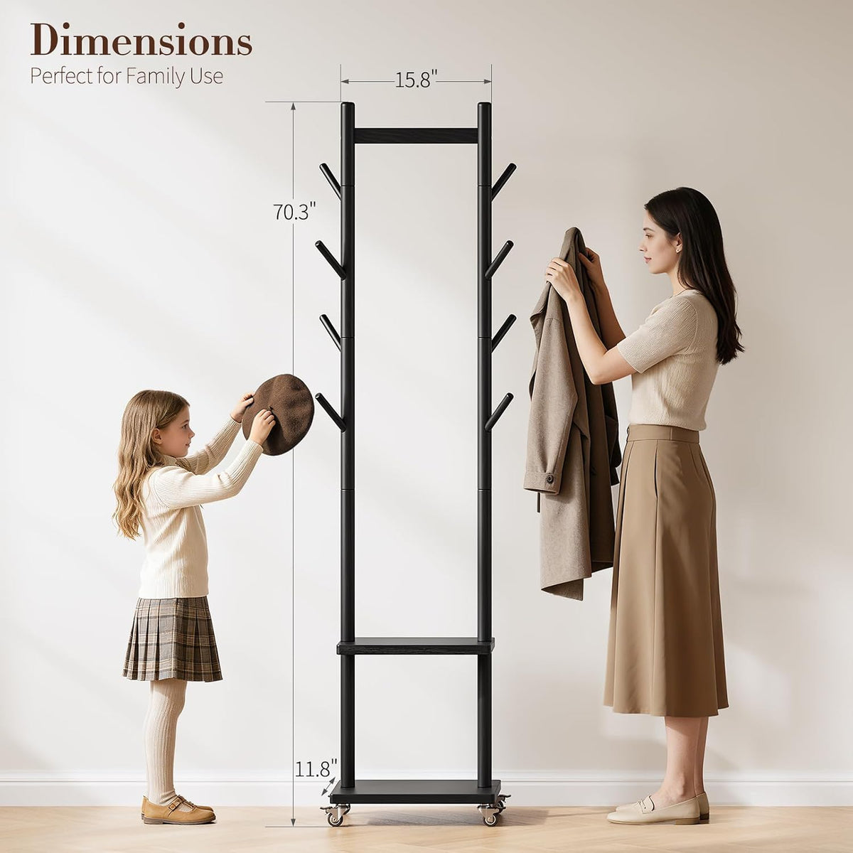 Rolling Solid‑Wood Hall Tree Coat Rack