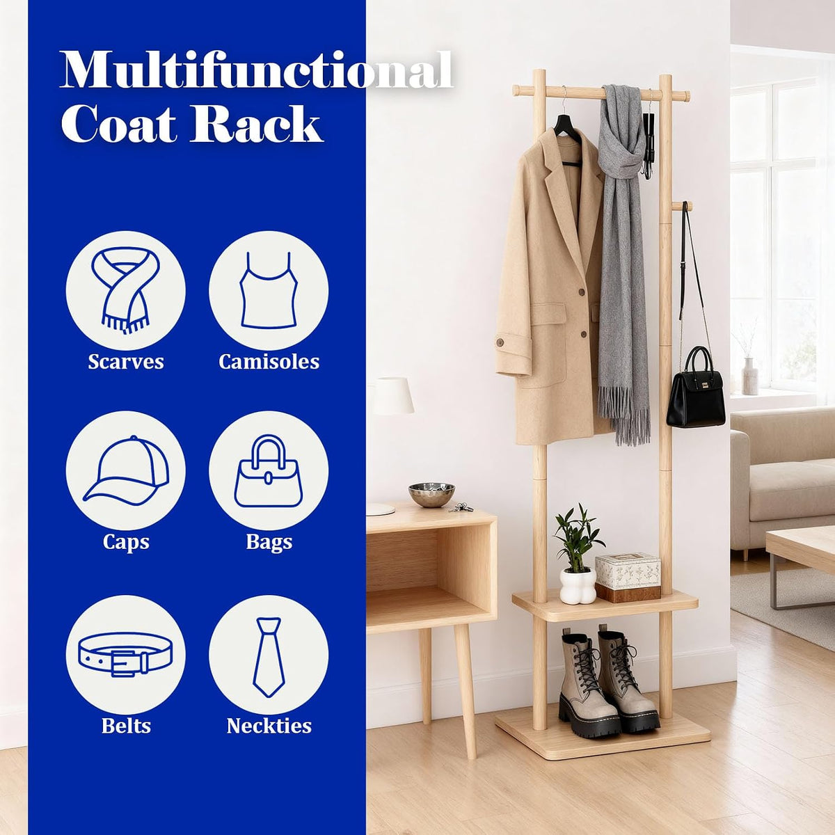 Natural Wooden Freestanding Hall Tree Coat Rack
