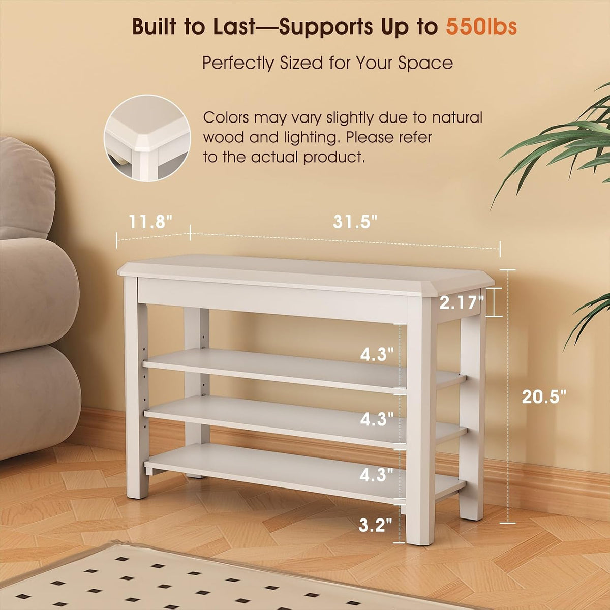 3‑Tier Rubberwood Entryway Shoe Bench
