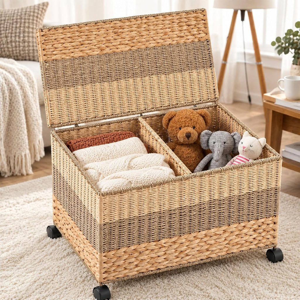 Rolling Wicker Storage Basket with Lid
